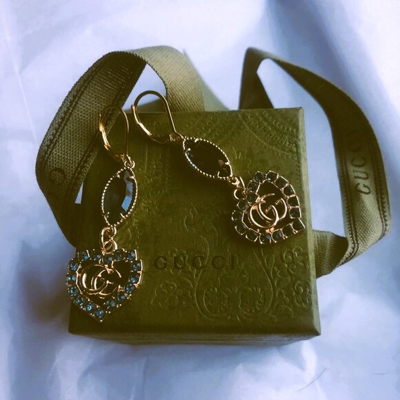 GUCCI Gorgeous Double GG Logo Heart Love Design Blue Turquoise Earrings w Box - Picture 4 of 4